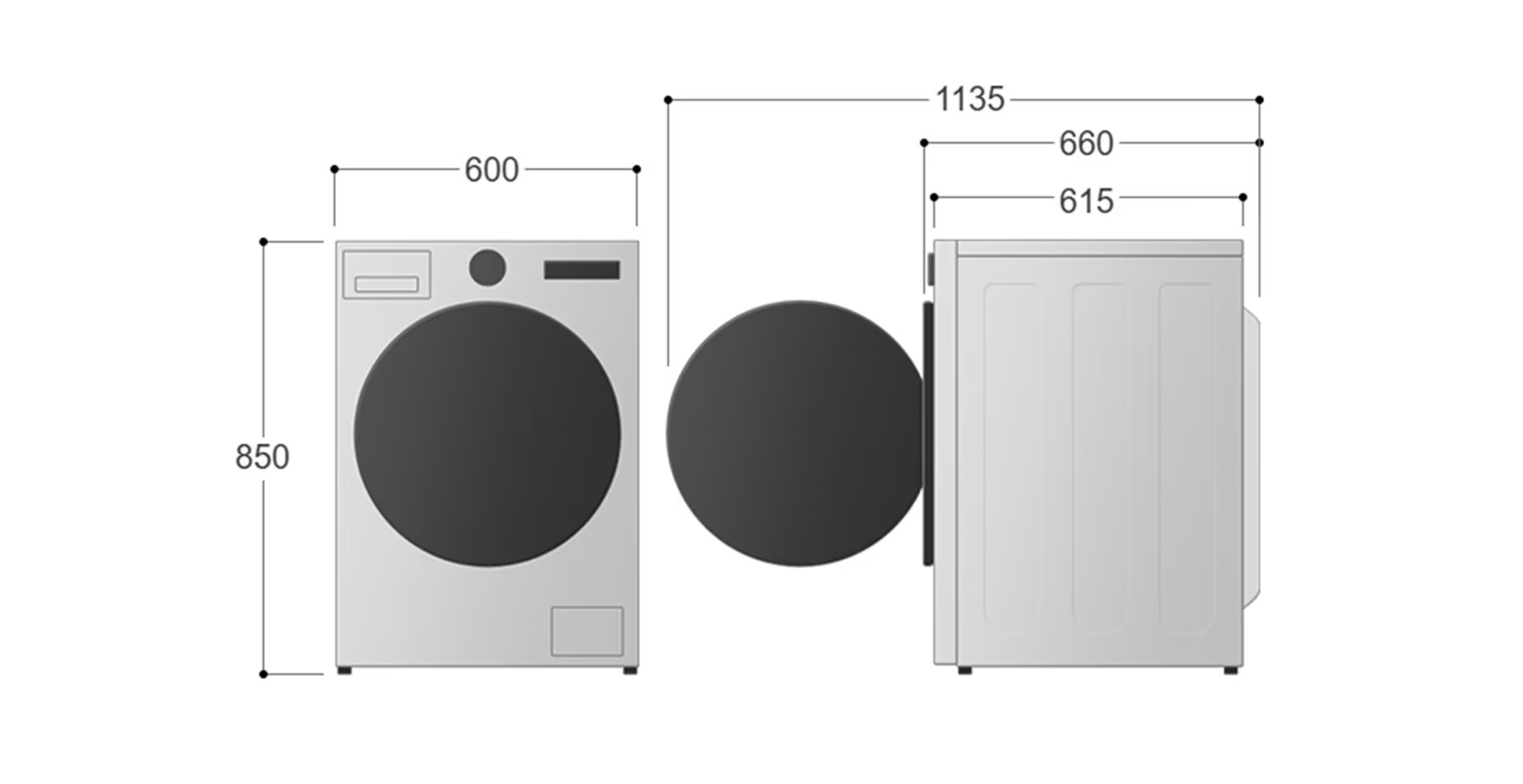 Máy giặt cửa trước màu trắng với cửa tròn màu đen, kích thước cao 850 mm, rộng 600 mm, sâu 615 mm